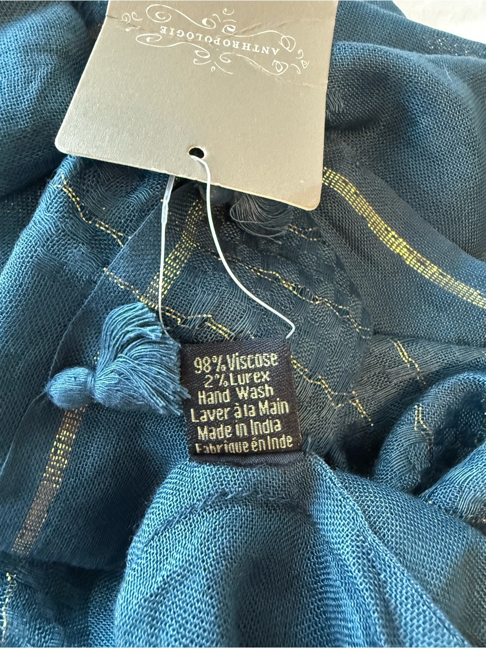 Anthropologie Blue Tasseled Infinity Scarf with Gold Metallic Thread - Picture 4 of 5